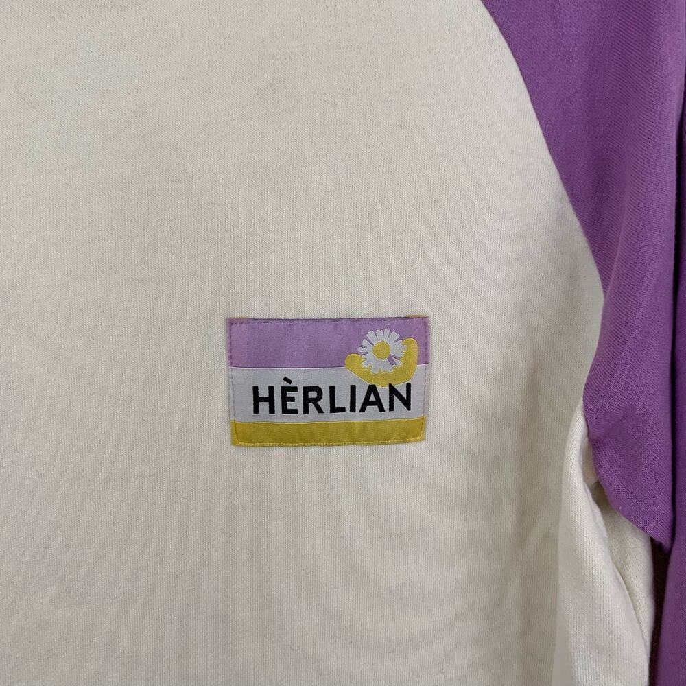 Herlian Daisy Graphic Sweatshirt Colorblock Purple Raglan Casual Women L - Picture 2 of 5